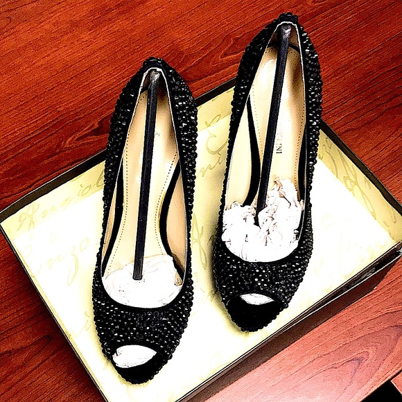 Enzo sparkly embellished Black evening 🍾Platform peep toe pumps - Picture 3 of 5